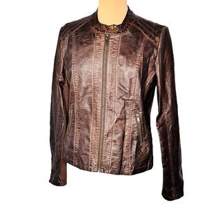 Maurice’s Sz L Women's Chocolate Brown Faux Leather Jacket Polka Dot Lining